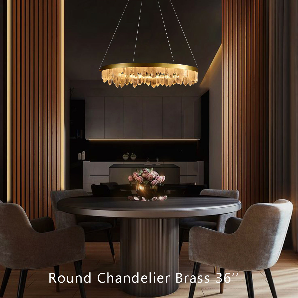 Designer 36 Inch Round Modern Chandelier Brass & Clear Geode Quartz Crystal Hanging Light-Chandelier-Briglighting
