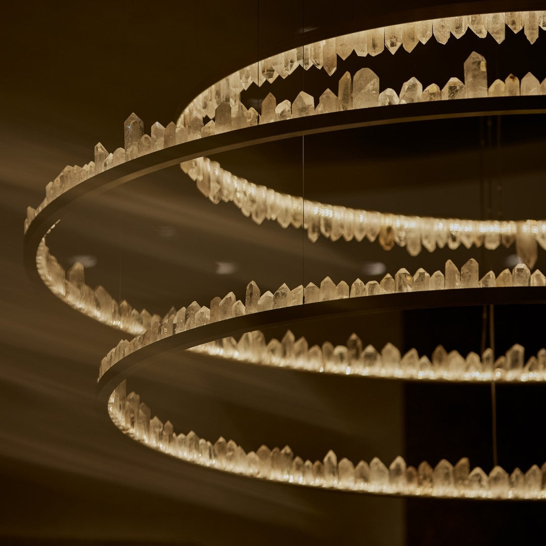 Designer 36 Inch Round Modern Chandelier Brass & Clear Geode Quartz Crystal Hanging Light-Chandelier-Briglighting