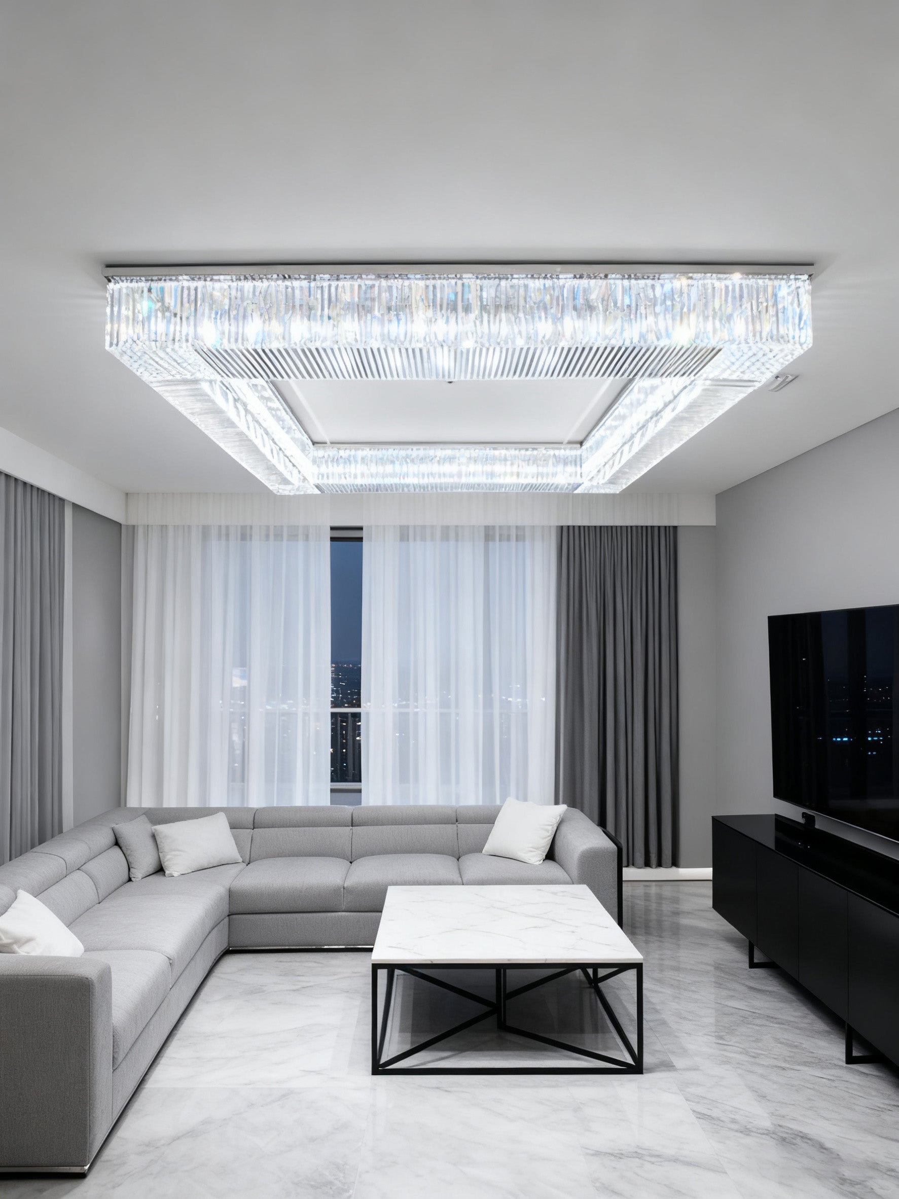 72 Inch Big Square Flush Mounted Chrome Crystal Chandelier for Living Room-吊灯-Briglighting