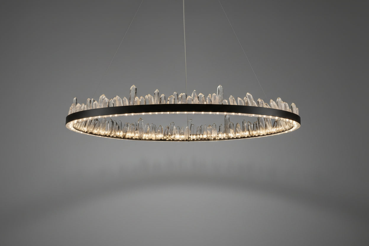 Designer 36 Inch Round Modern Chandelier Brass & Clear Geode Quartz Crystal Hanging Light-Chandelier-Briglighting