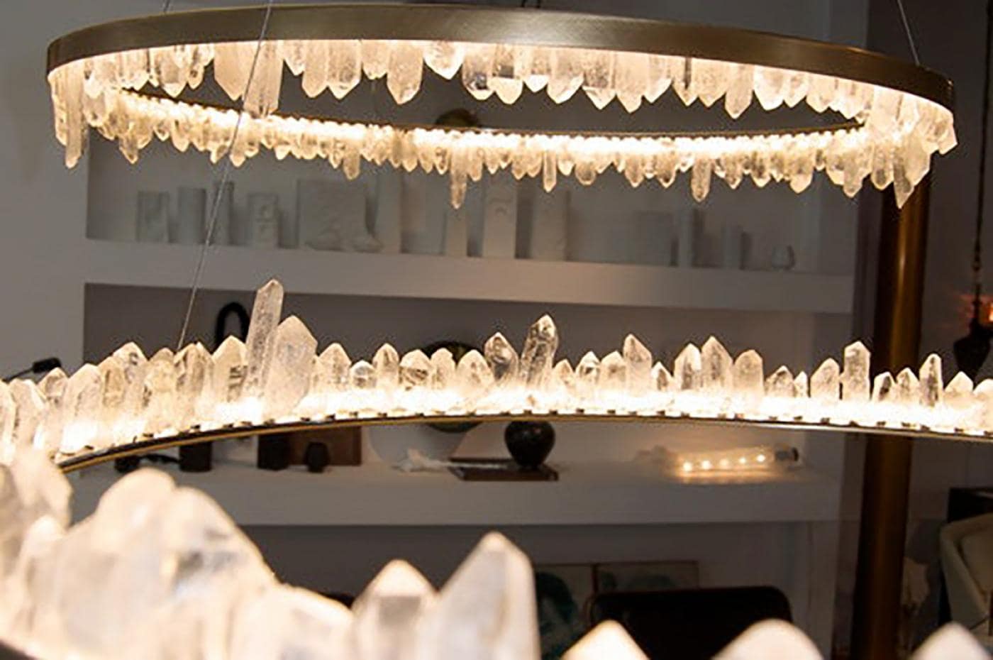 Designer 36 Inch Round Modern Chandelier Brass & Clear Geode Quartz Crystal Hanging Light-Chandelier-Briglighting