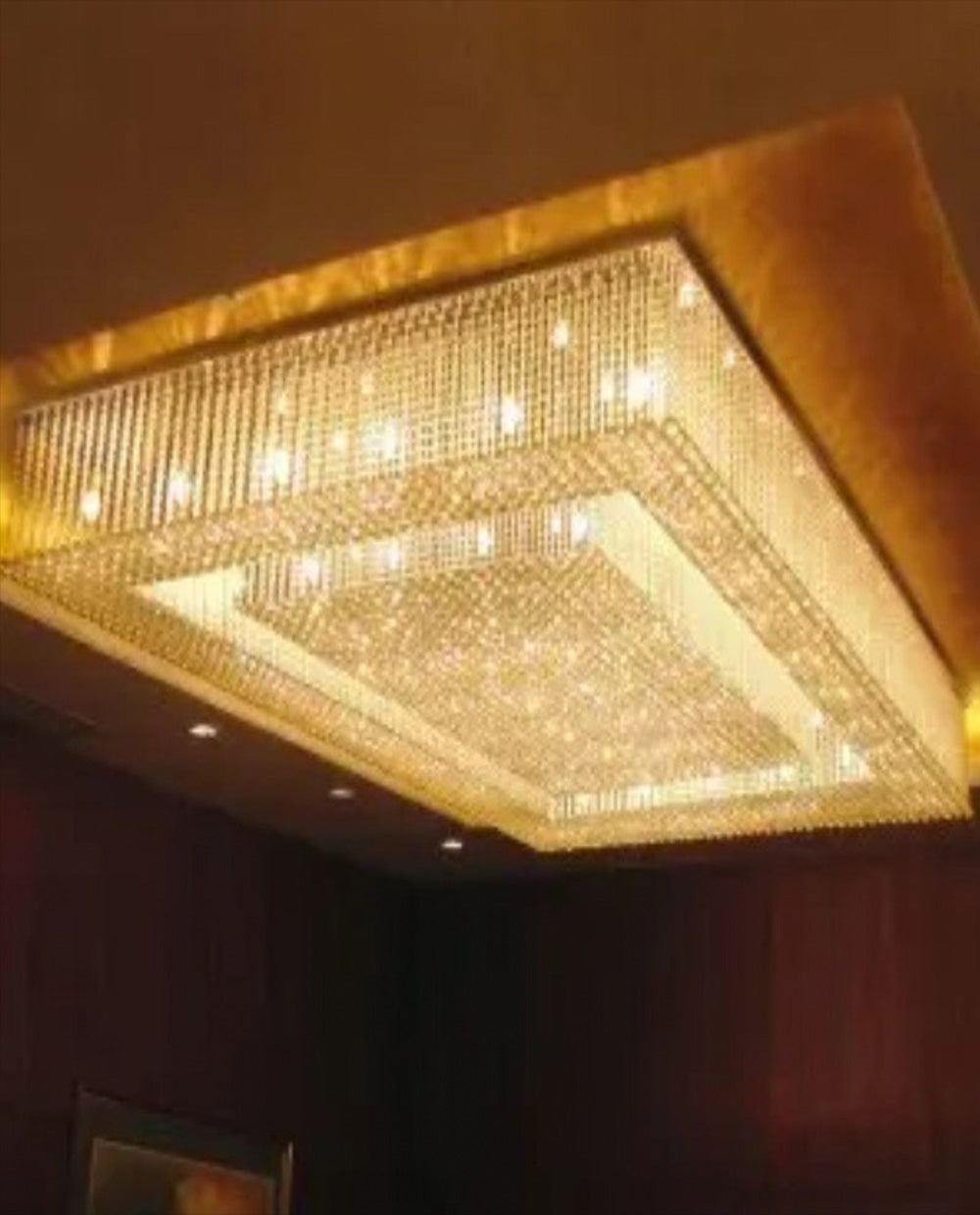 Custom Made Huge Rectangle Flush Mounted Gold Crystal Chandelier for Low Ceiling-Briglighting