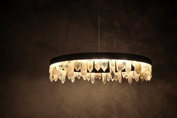 Designer 36 Inch Round Modern Chandelier Brass & Clear Geode Quartz Crystal Hanging Light-Chandelier-Briglighting
