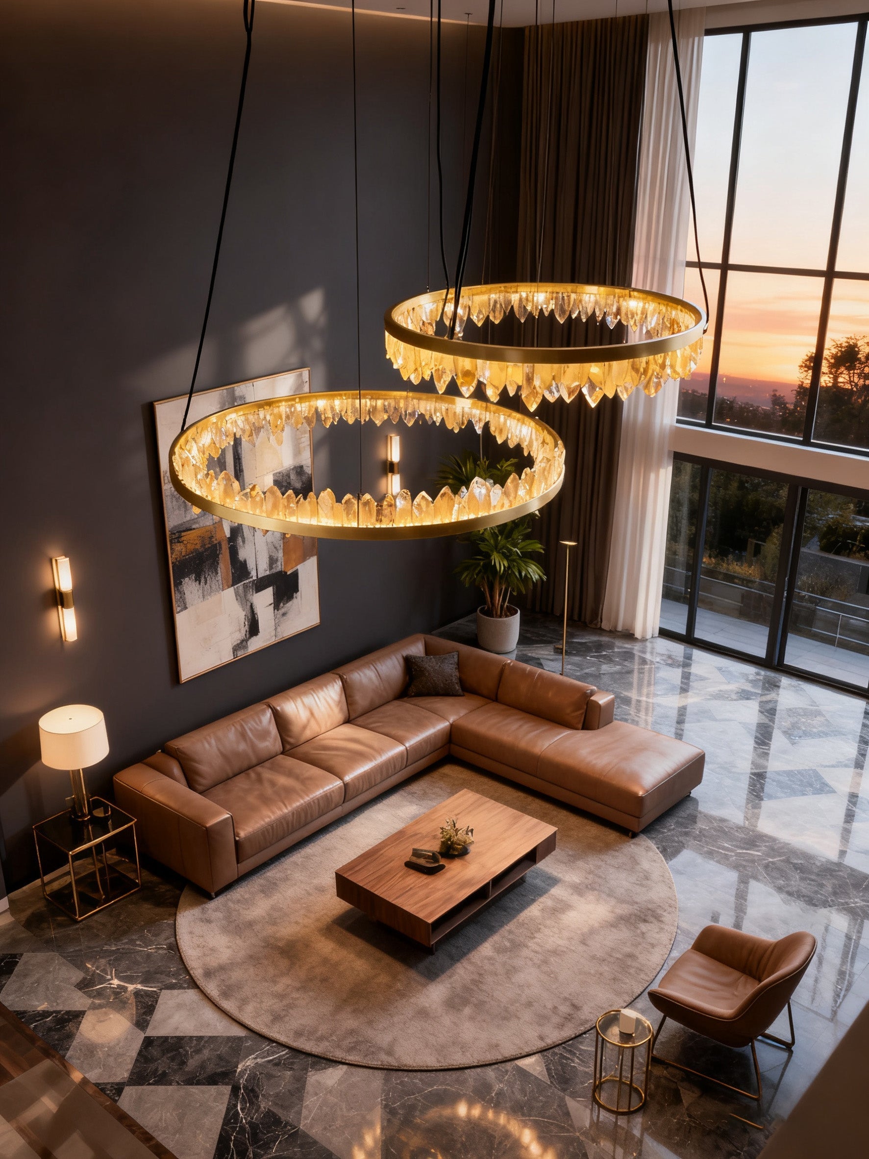 36 Inch Round Modern Chandelier Brass & Clear Geode Quartz Crystal Hanging Light-Briglighting