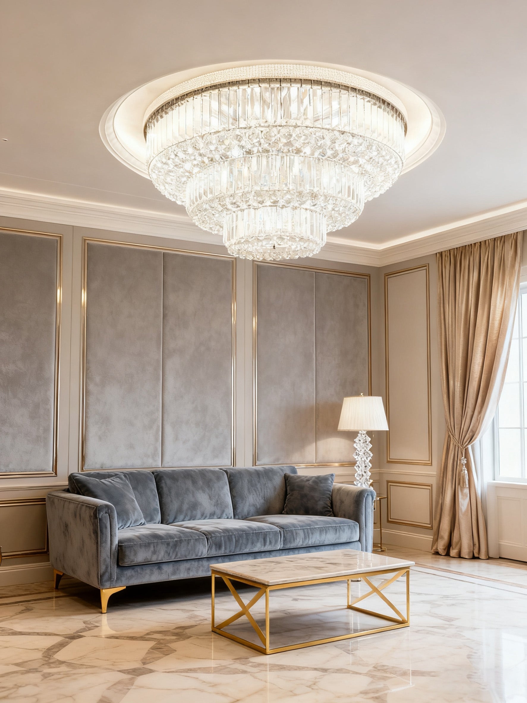39 Inch Round Crystal Ceiling Light Tiered Flush Mounted Chandelier for Low Ceiling Room-Briglighting