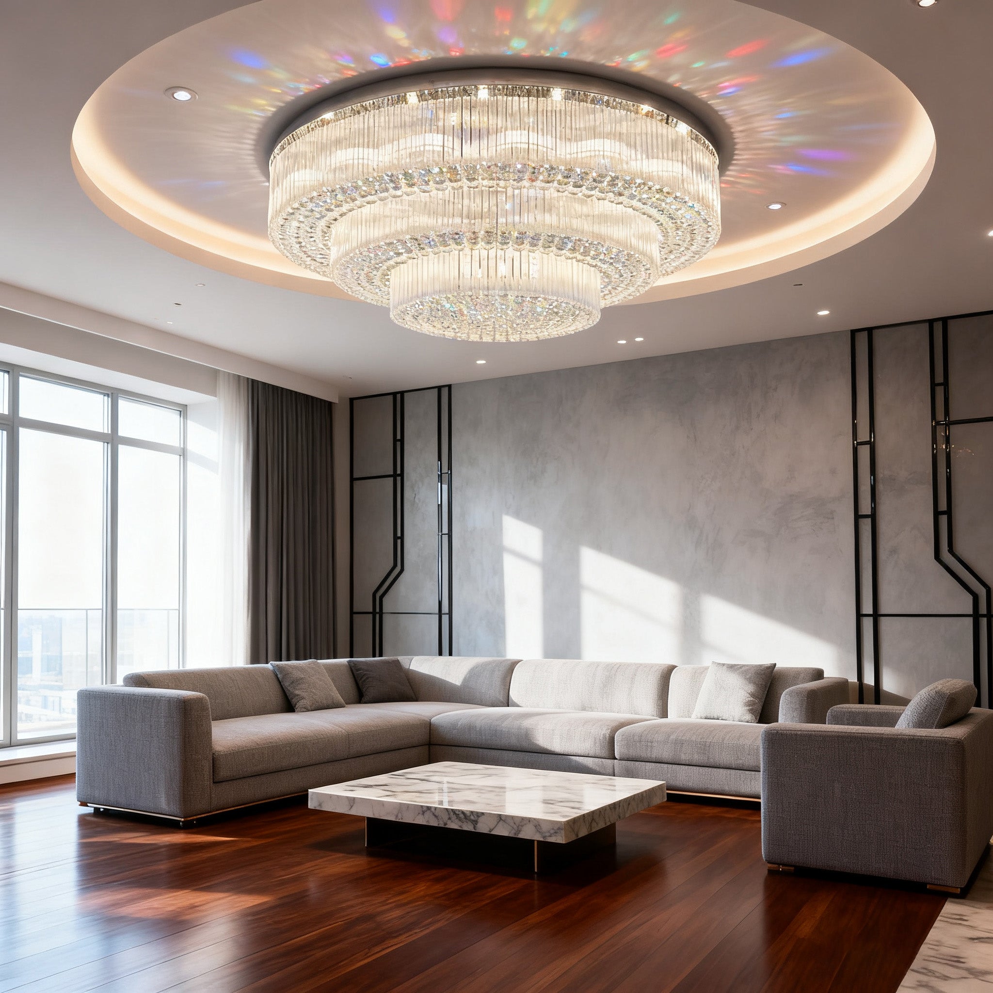 59 Inch Round Crystal Ceiling Light Custom Tiered Flush Mounted Chandelier-Briglighting