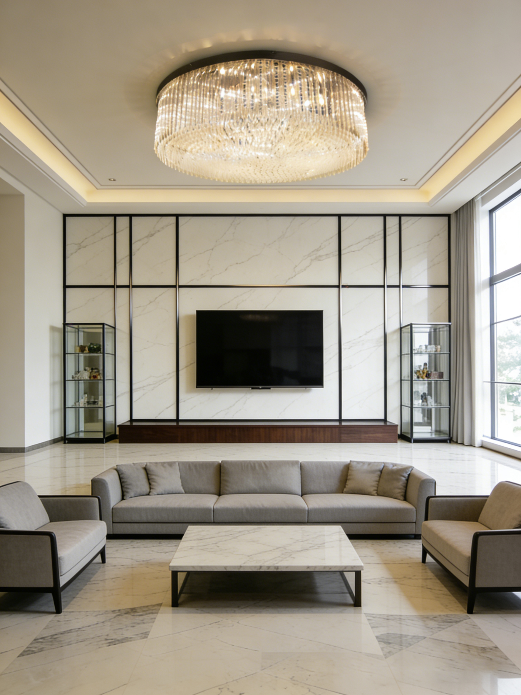 60 Inch Round Big Modern Flush Mounted Chandelier Light for Low Ceiling Rooms-Briglighting