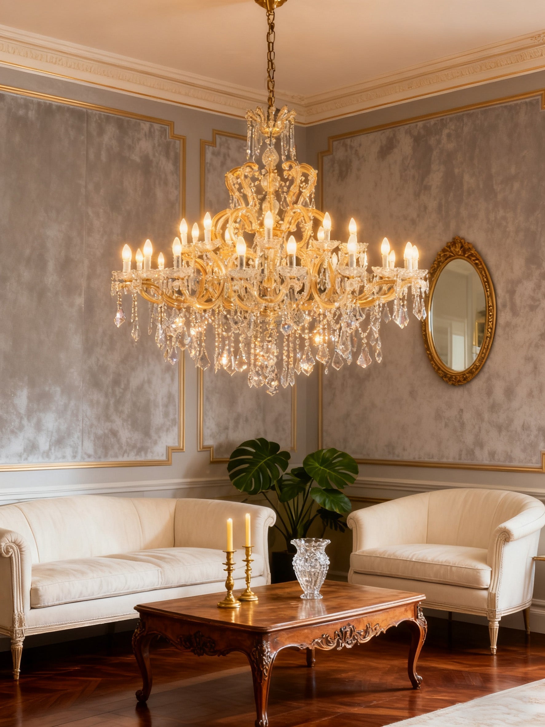 57X53 Inch Two Tiers Candle Style Crystal Chandelier 30 Lights Gold Maria Theresa Chandelier for Dining Room-Briglighting
