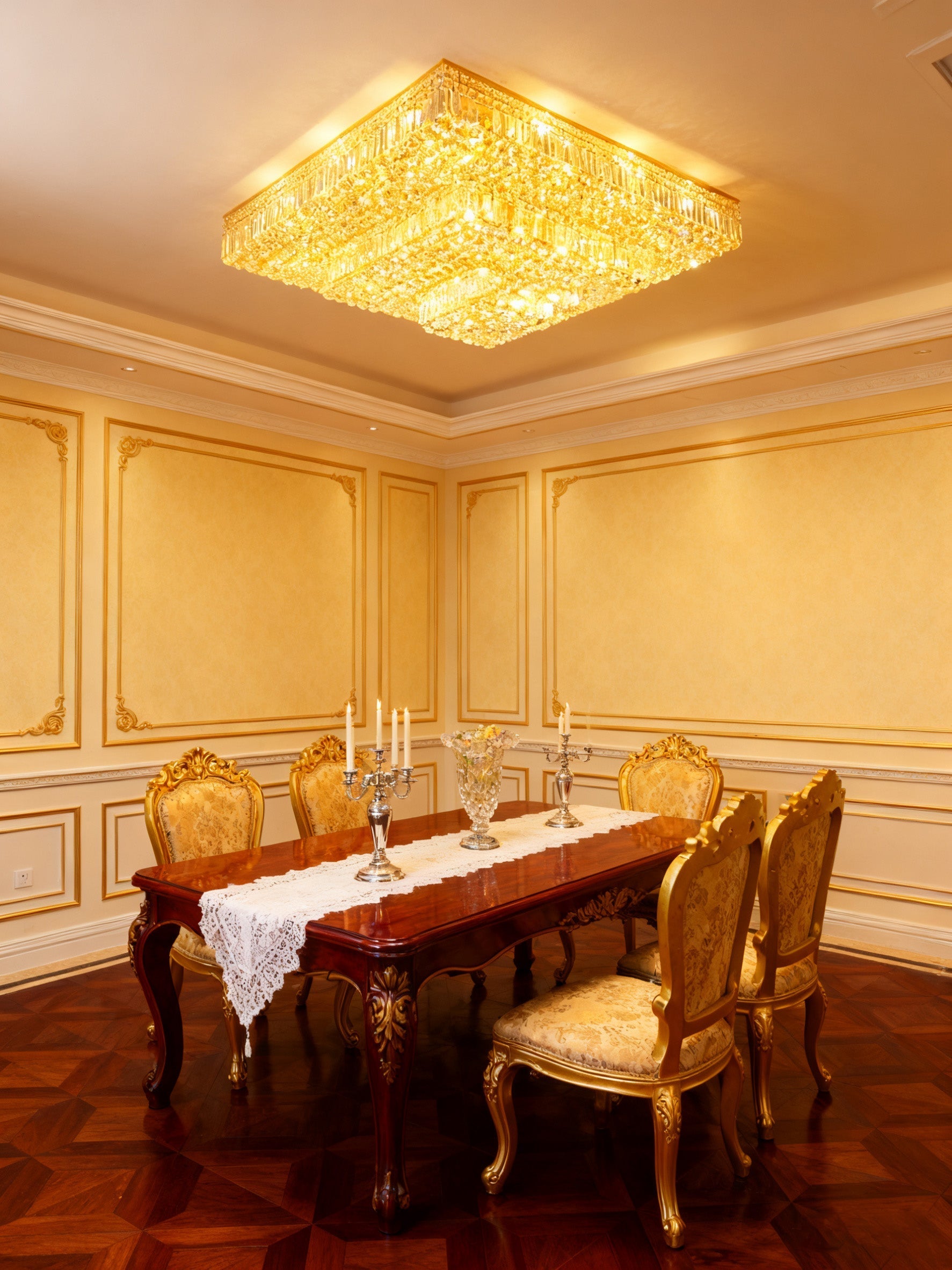 47 Inch 3 Tiers Big Square Flush Mounted Chandelier Gold Crystal Chandelier-Briglighting