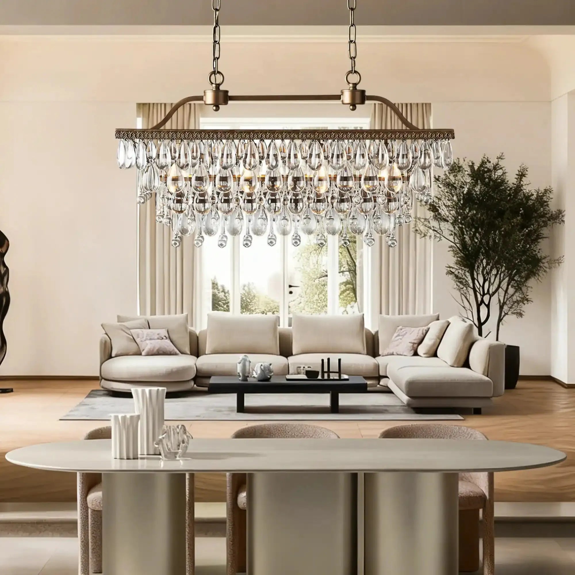 Anabelle Rectangular Chandelier styled in a modern dining room