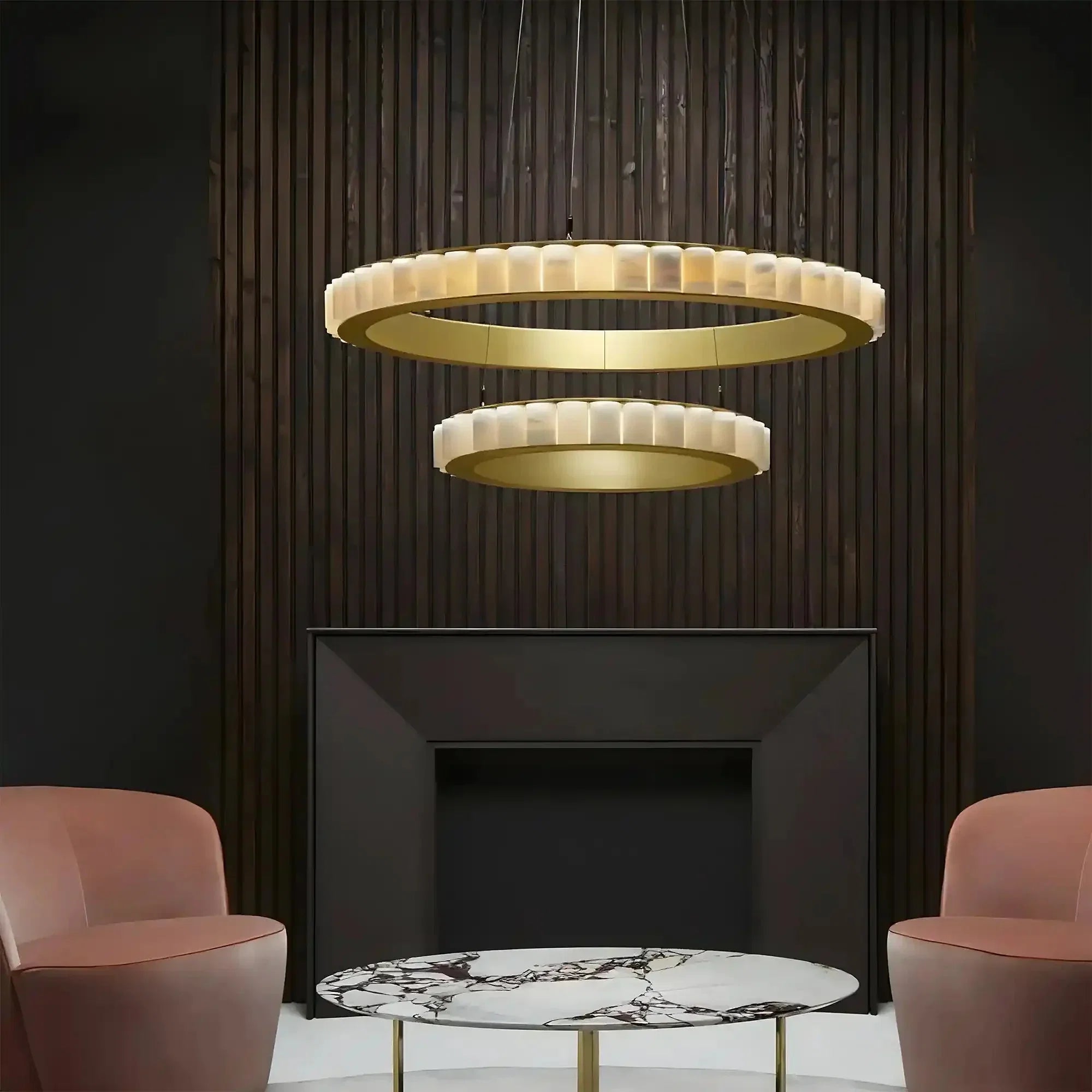 Avalon Alabaster Round Chandelier - 31.5″Dia x 59″HCopperWarm White-Briglighting