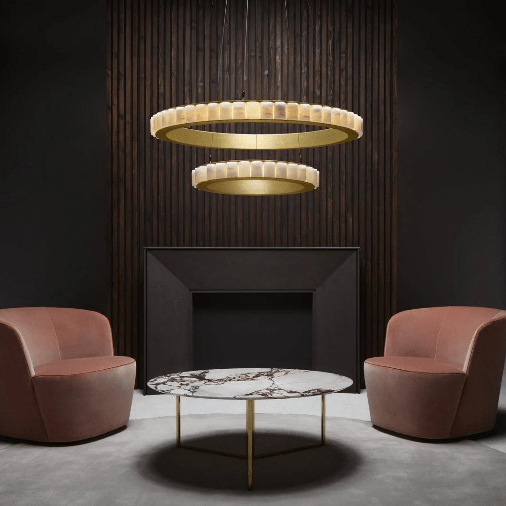 Avalon Halo Modern Chandelier - Satin Brass With Honed Alabaster Stone-Briglighting