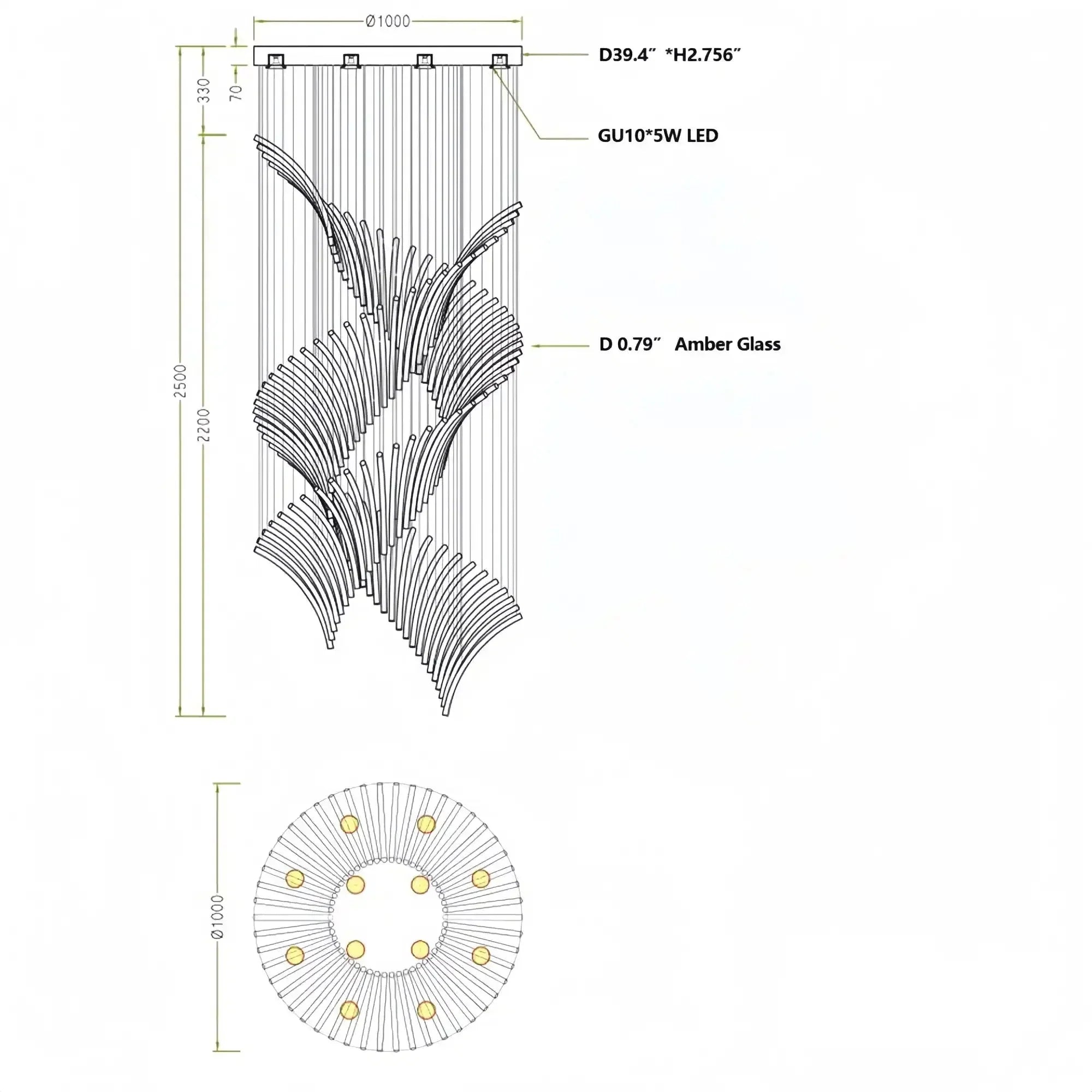 European Style Spiral Glass Chandelier for Staircase/Foyer/Hotel/Villa - D23.6"*H70.9"Warm LightBriglighting