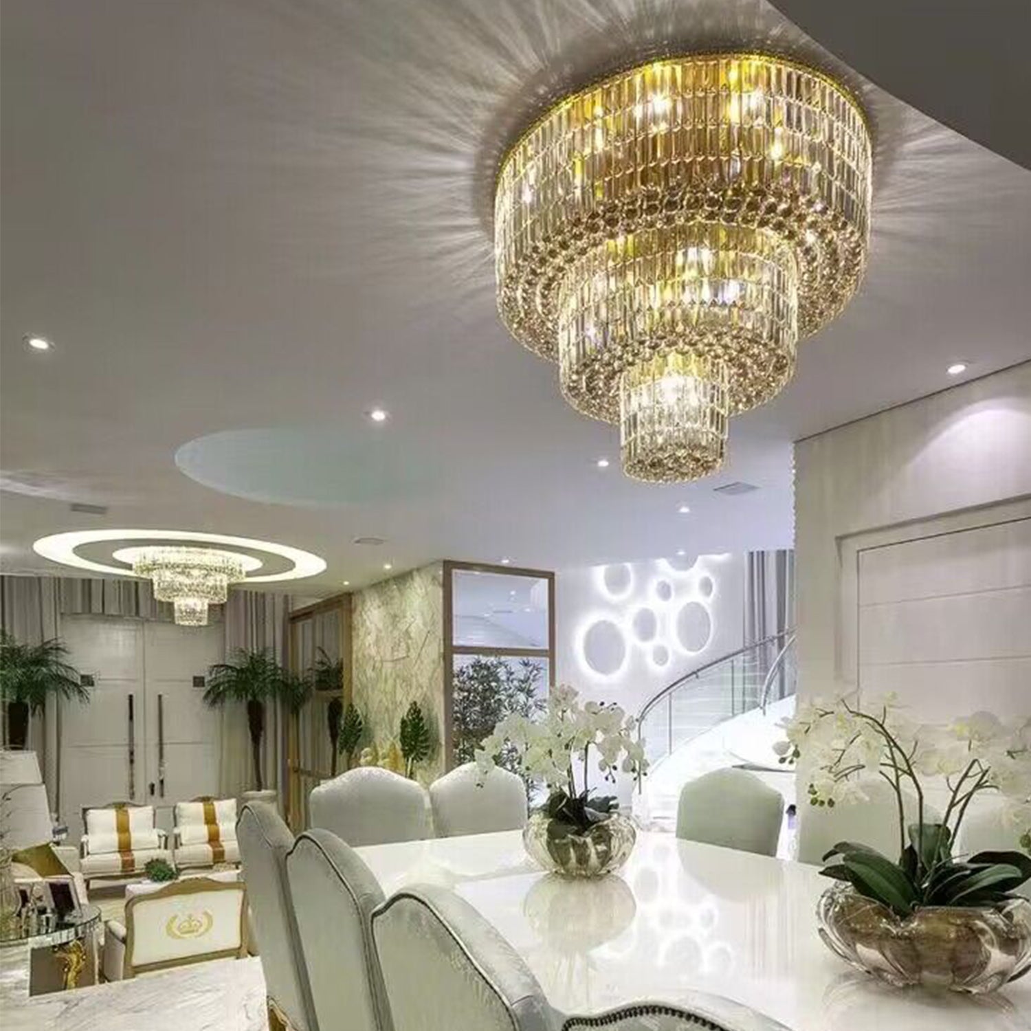 Extra Large Gold Flush Mount Crystal Light Round 3-layers Decorative Living Room/Dining Room Light Fixture-Chandeliers-Briglighting