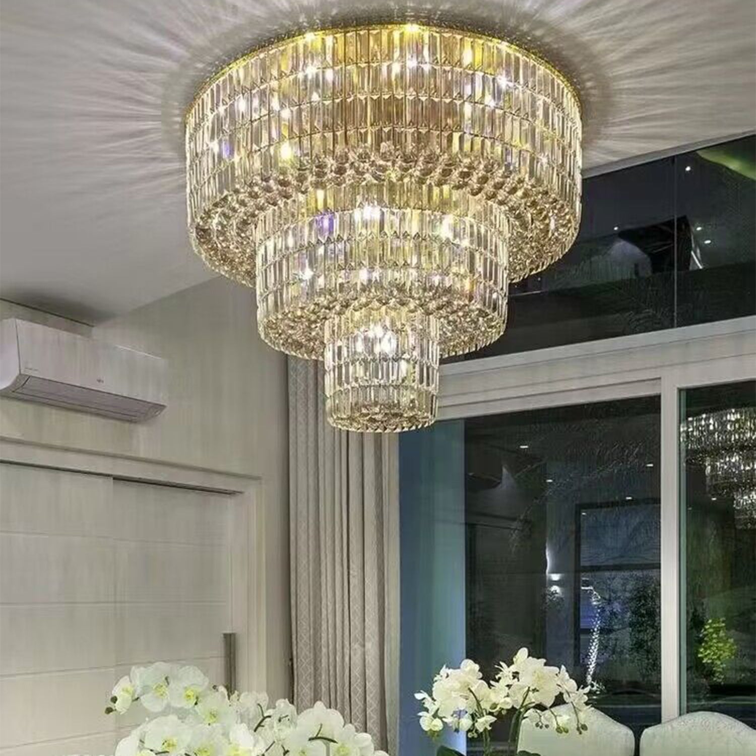 Extra Large Gold Flush Mount Crystal Light Round 3-layers Decorative Living Room/Dining Room Light Fixture-Chandeliers-Briglighting