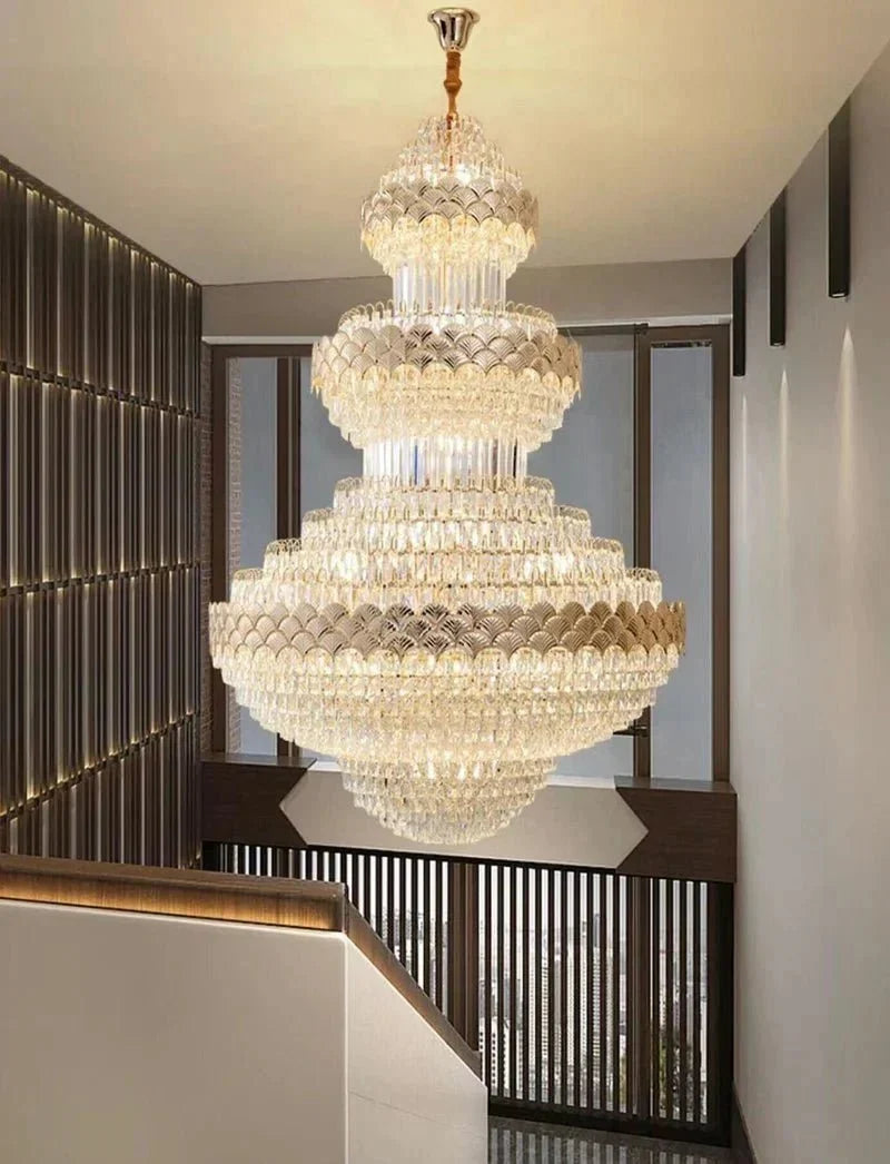 Extra Large Multi - layers Gold Luxury Crystal Chandelier Modern Empire Decrative Crystal Light For Living Room/Foyer/Staircase - D31.5"*H47.2"Warm LightBriglighting