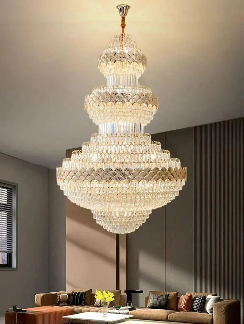 Extra Large Multi - layers Gold Luxury Crystal Chandelier Modern Empire Decrative Crystal Light For Living Room/Foyer/Staircase - D31.5"*H47.2"Warm LightBriglighting