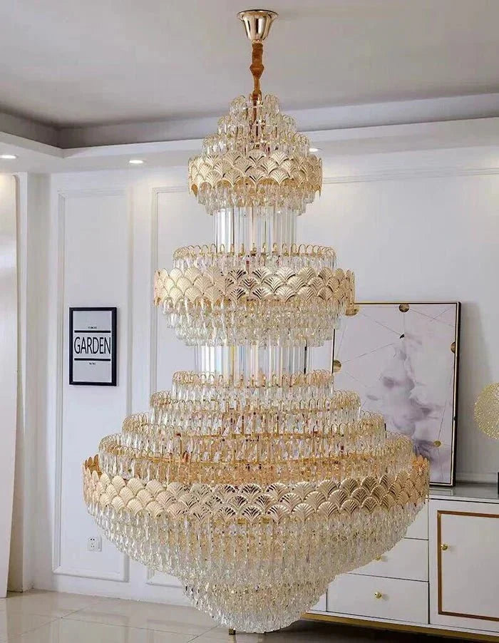 Extra Large Multi - layers Gold Luxury Crystal Chandelier Modern Empire Decrative Crystal Light For Living Room/Foyer/Staircase - D31.5"*H47.2"Warm LightBriglighting