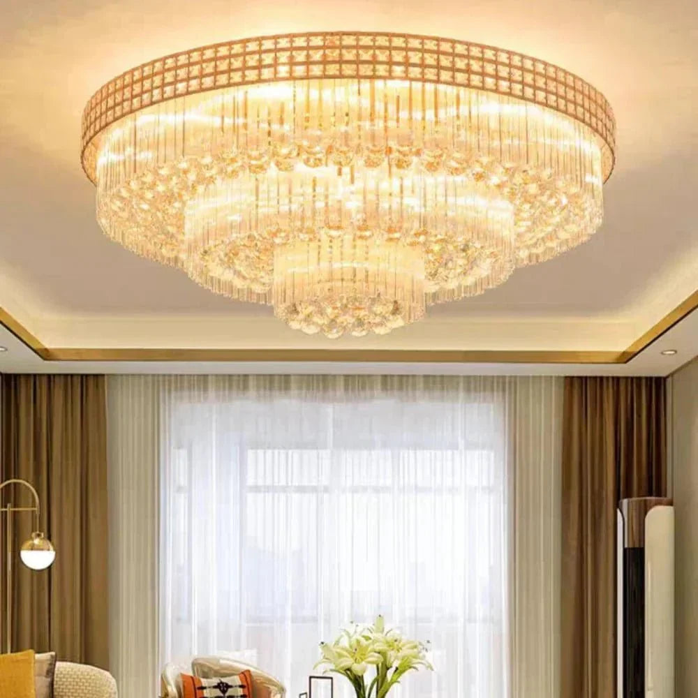 Extra Large Three Layers Round Luxury Flush Mounted Crystal Chandelier for Living Room-Briglighting