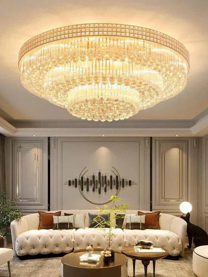 Extra Large Three Layers Round Luxury Flush Mounted Crystal Chandelier for Living Room-Briglighting