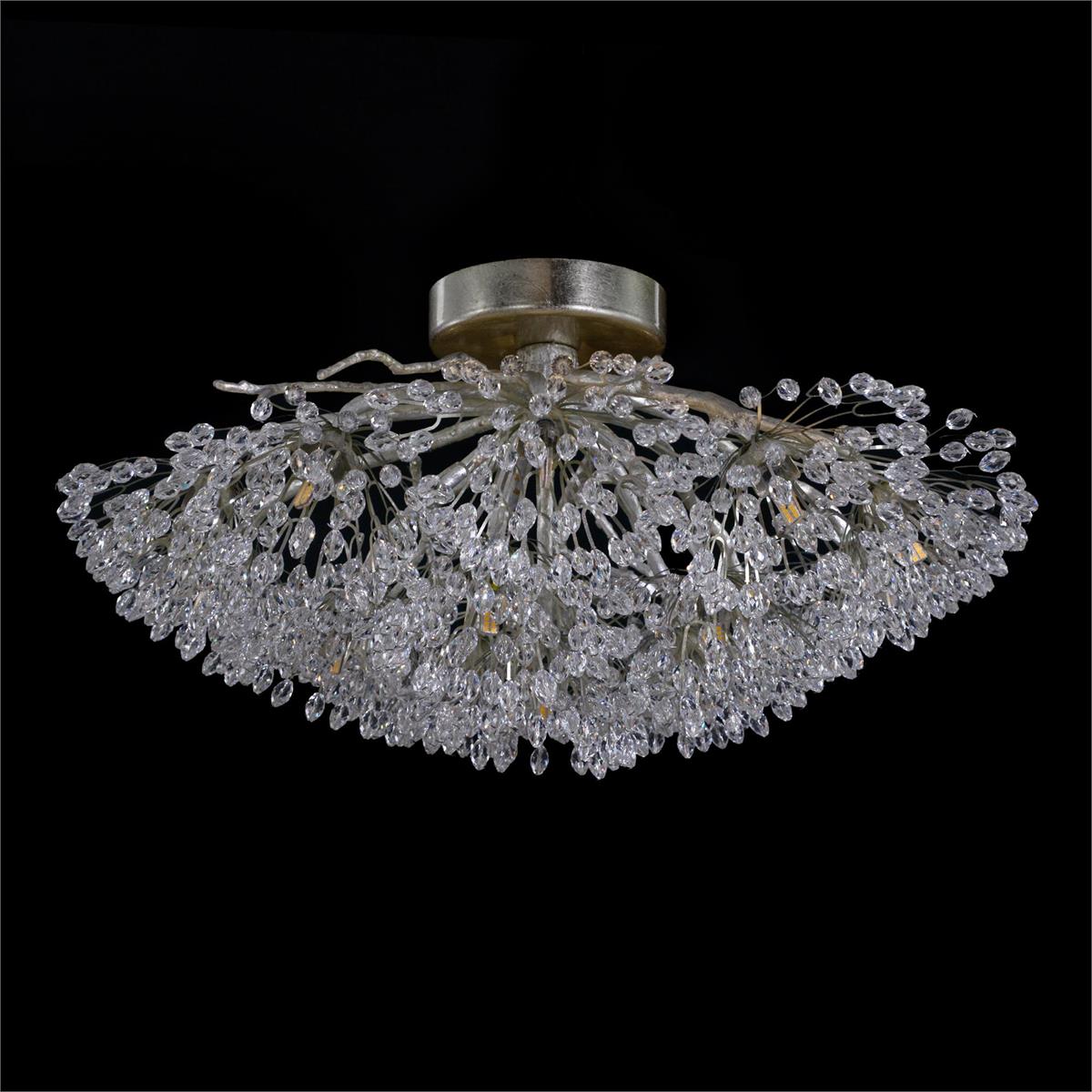 Hanasaku Flower Sixteen-Light Flush Mount in Antique Silver Leaf with Hand-Cut Crystal Accents-Flush Mount-Briglighting