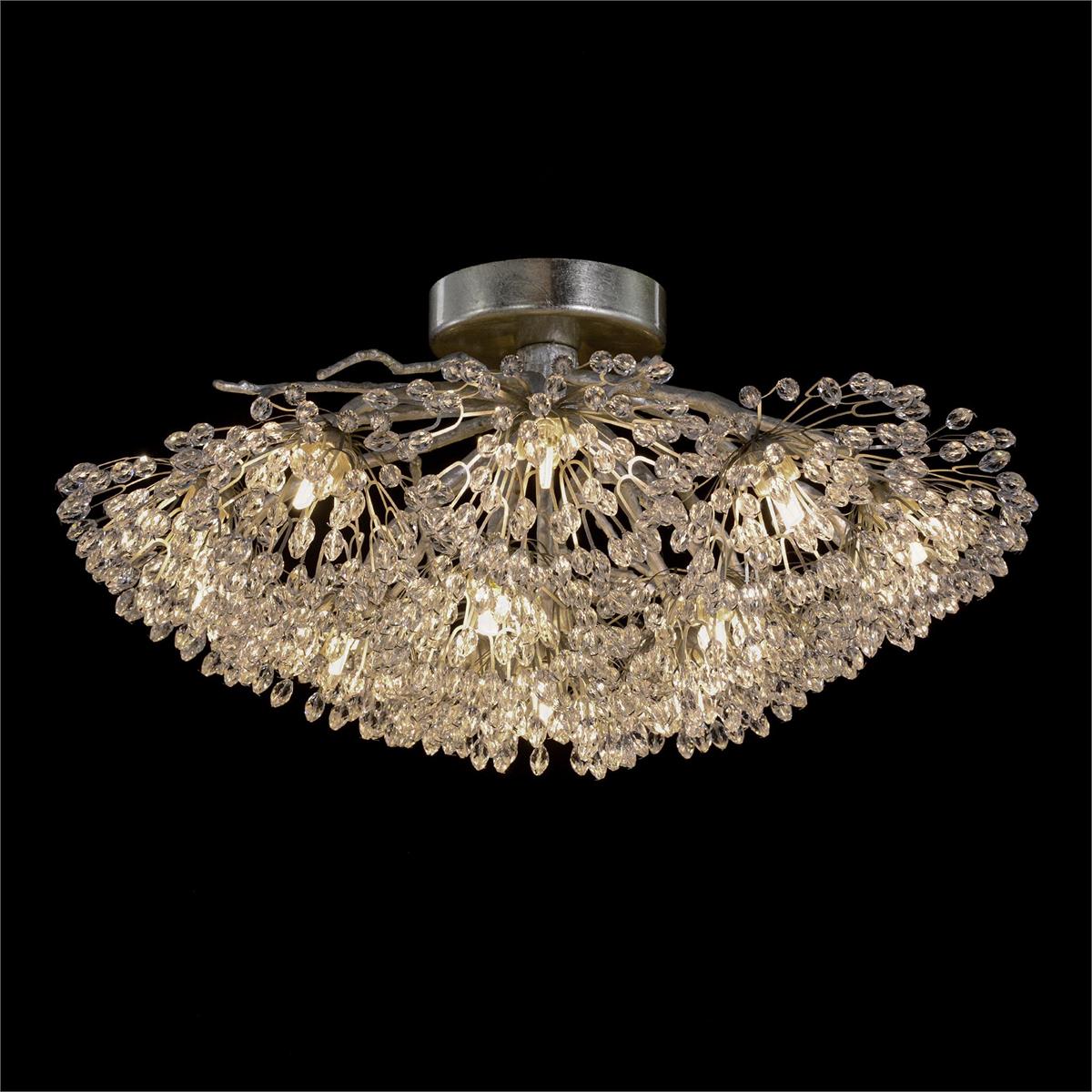 Hanasaku Flower Sixteen-Light Flush Mount in Antique Silver Leaf with Hand-Cut Crystal Accents-Flush Mount-Briglighting