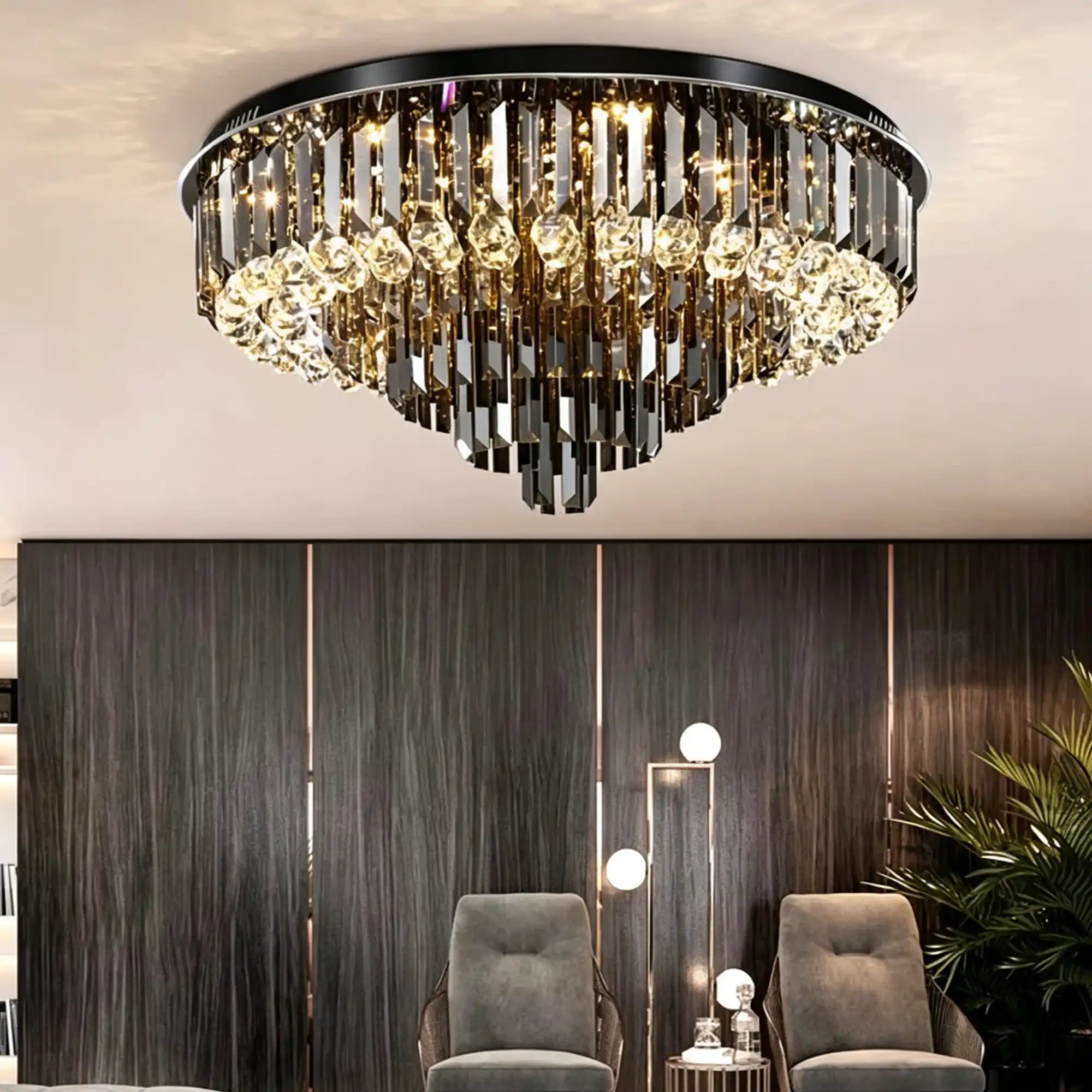 Light Luxury Smoke Gray Round Crystal Flush Mount