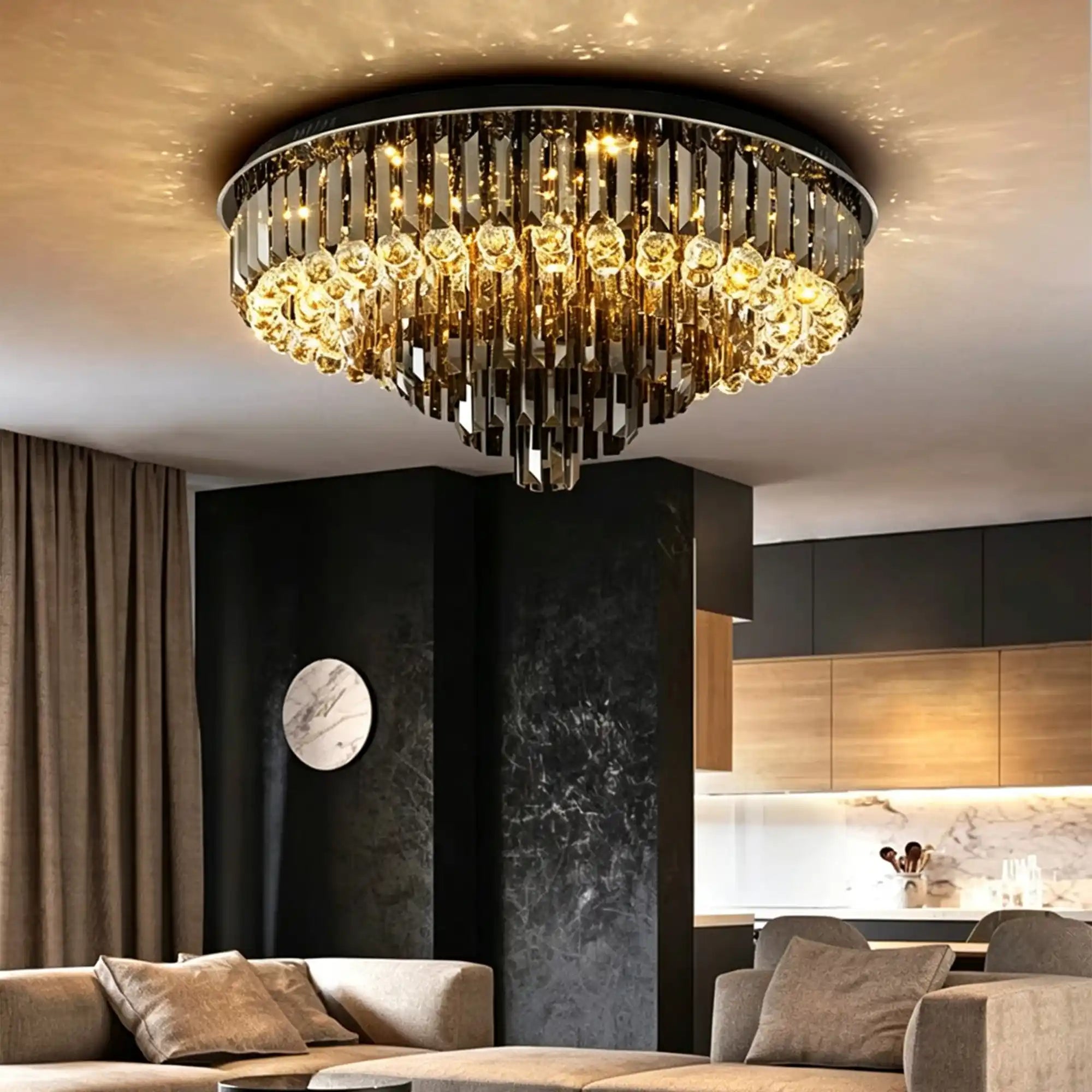 Light Luxury Smoke Gray Round Crystal Flush Mount