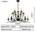 Multi Layer Iron Chandelier with Electronic Candles in Vintage Country Style for Living Room Cafe and Study - 1 Layer: D39.4"Warm LightBriglighting