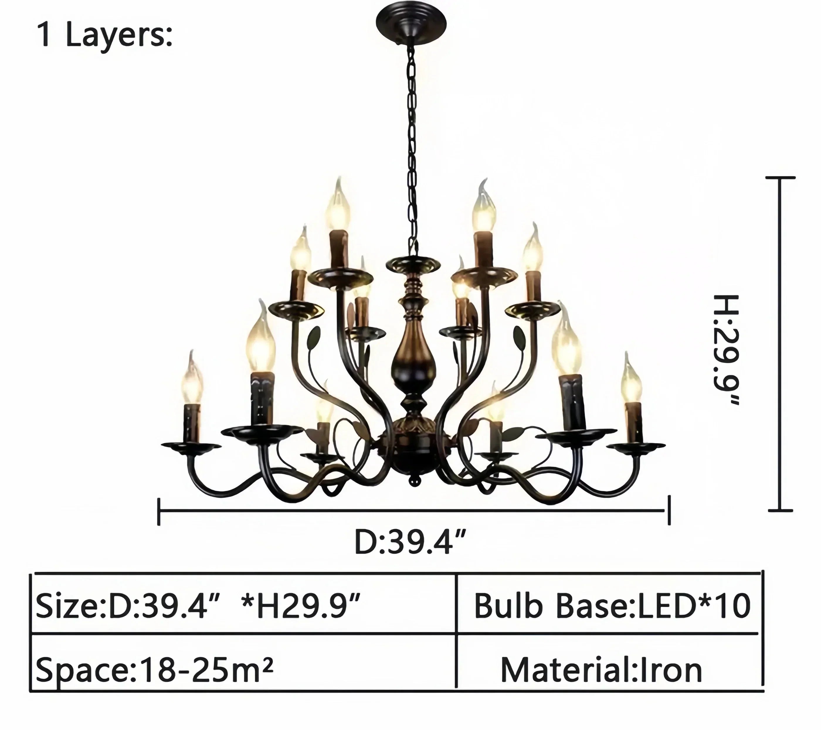 Multi Layer Iron Chandelier with Electronic Candles in Vintage Country Style for Living Room Cafe and Study - 1 Layer: D39.4"Warm LightBriglighting