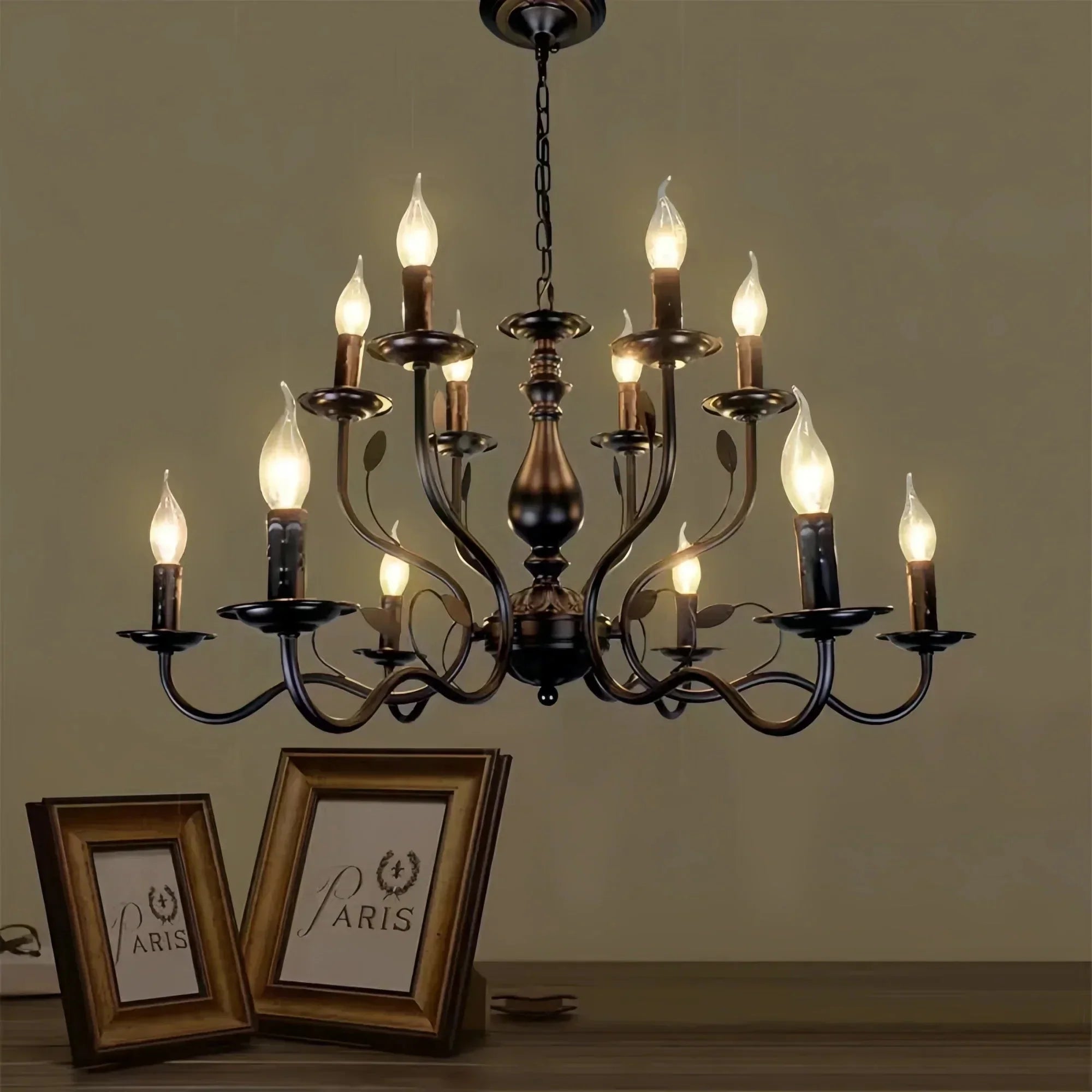 Multi Layer Iron Chandelier with Electronic Candles in Vintage Country Style for Living Room Cafe and Study - 1 Layer: D39.4"Warm LightBriglighting