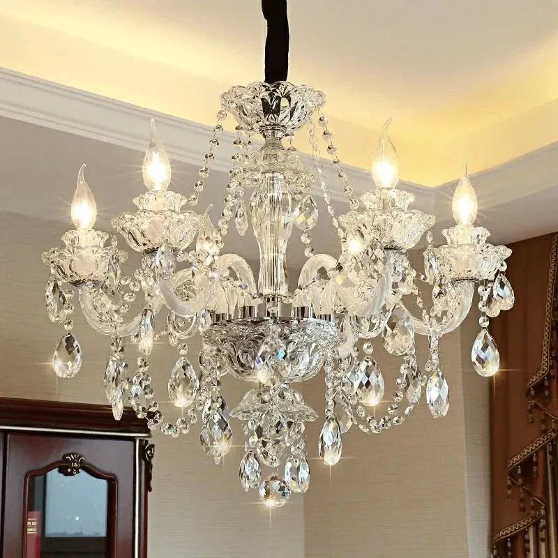 Rustic Antique European Candle Crystal Chandelier Popular Farmhouse Ceiling Light Fixture For Living Room - 6 Lights D25.6"*H21.65"Warm LightBriglighting